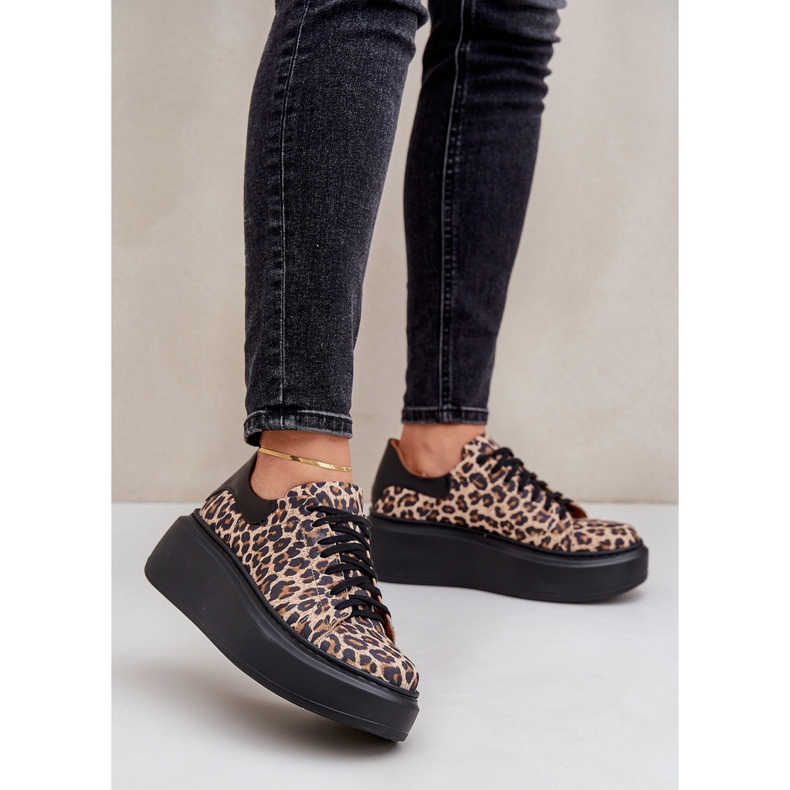 Leopard Leopard Leather Platform Sneakers Zazoo 3346 Brown-Black 2