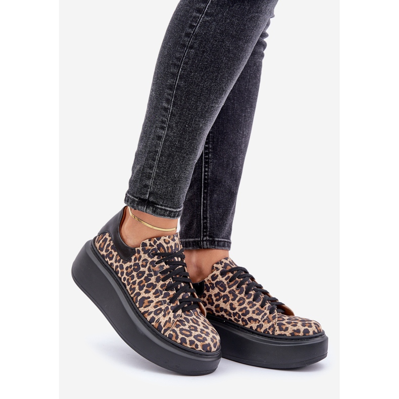 Leopard Leopard Leather Platform Sneakers Zazoo 3346 Brown-Black 1