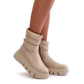 Zazoo 60512 Women's Leather Ankle Boots With Zipper, Insulated With Felt, Light Beige 1