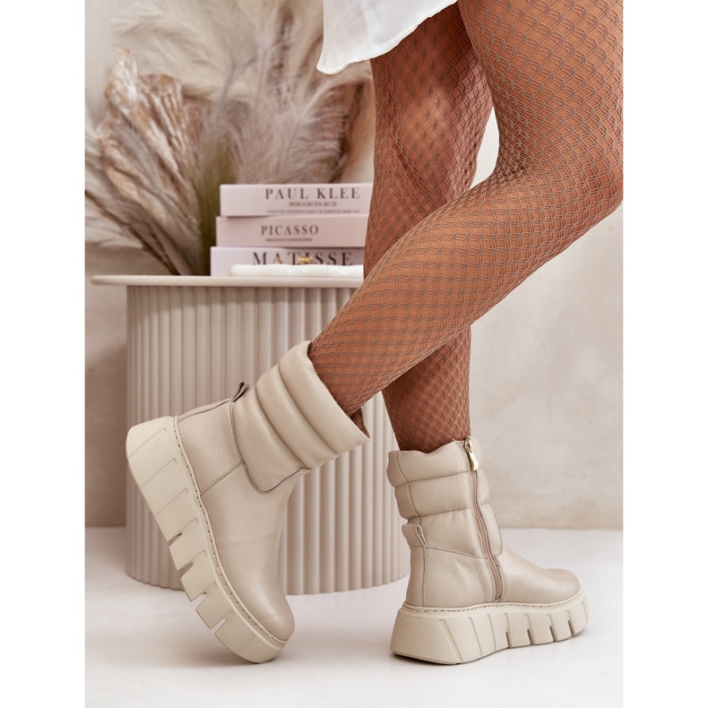 Zazoo 60512 Women's Leather Ankle Boots With Zipper, Insulated With Felt, Light Beige 3