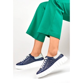 Perforated leather platform shoes, navy blue GD-XF72N 1