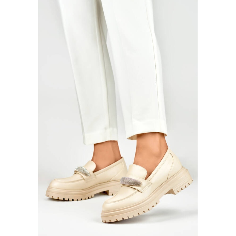 Women's loafers with rhinestones, beige 7961BE 2