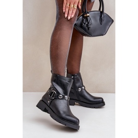 Insulated flat-heeled ankle boots with decorative black straps 2 Insulated flat-heeled ankle boots with decorative black straps 2