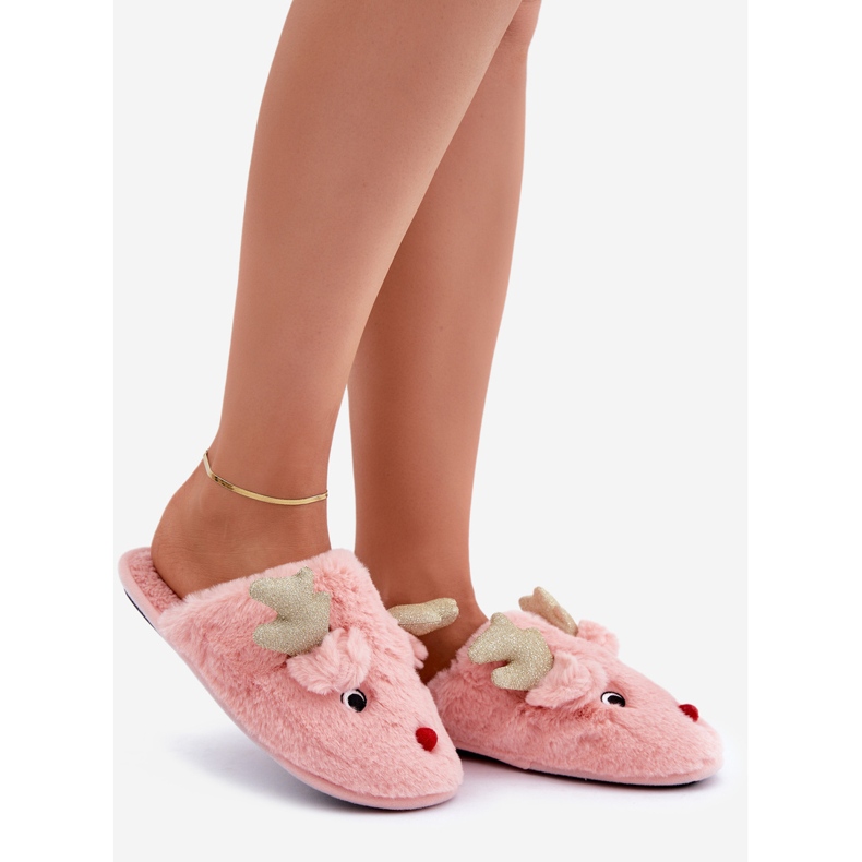 Pink Furry Christmas Slippers With Reindeer Motif 1
