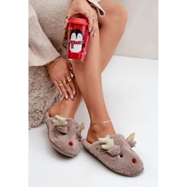 Christmas Slippers with a Reindeer Motif, Furry, Dark Beige 2