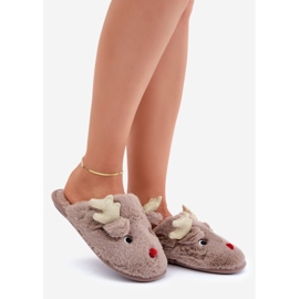 Christmas Slippers with a Reindeer Motif, Furry, Dark Beige 1