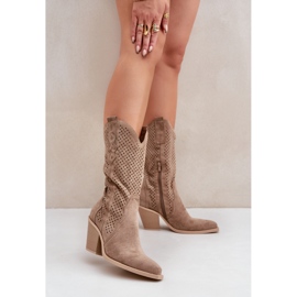 Openwork cowboy boots on a high heel, dark beige 2