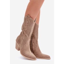 Openwork cowboy boots on a high heel, dark beige 1