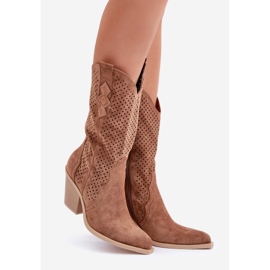 Brown openwork cowboy boots on a high heel 1