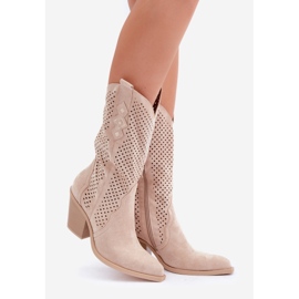Openwork Cowboy Boots On A High Heel, Light Beige 1