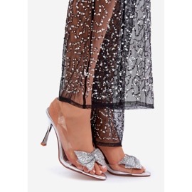 Transparent Silver High Heel Sandals With A Shiny Silver Bow 1