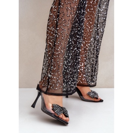 Transparent high-heeled sandals with a shiny bow, black 1