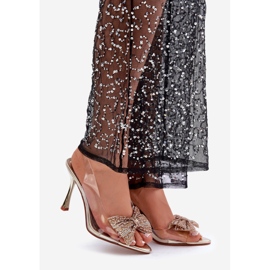 Transparent high-heeled sandals with a shiny gold bow golden 1