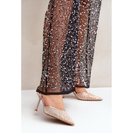 High heels with an open heel decorated with gold glitter golden 2