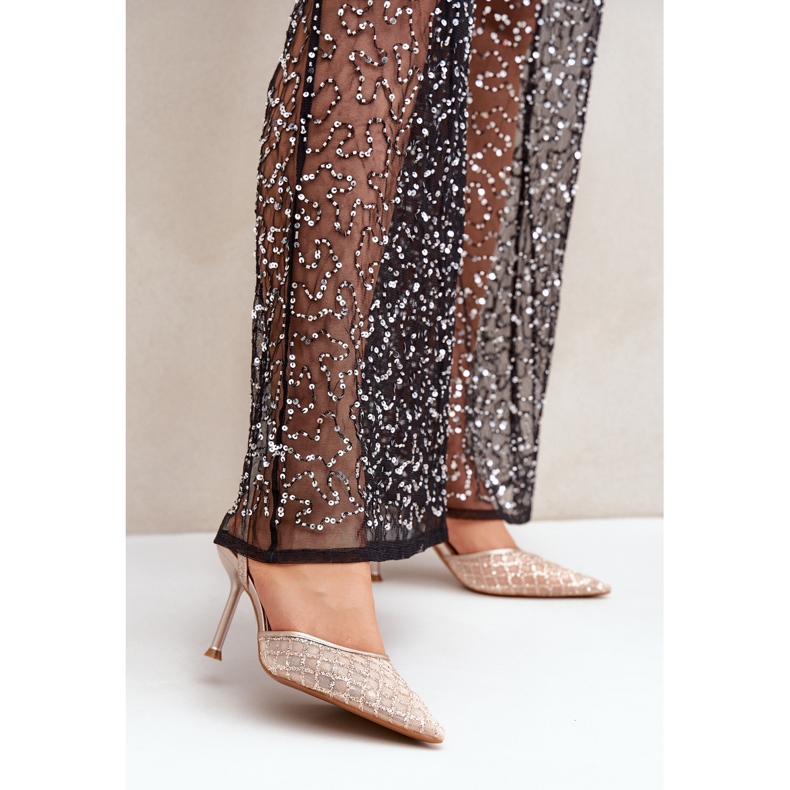 High heels with an open heel decorated with gold glitter golden 2