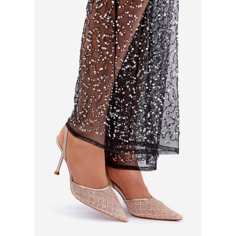 High heels with an open heel decorated with gold glitter golden 1