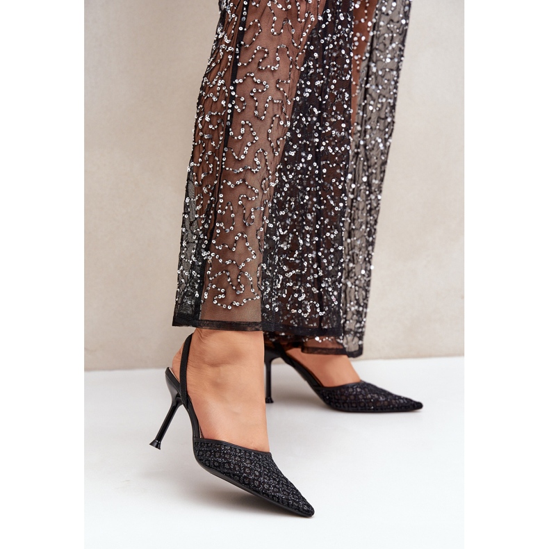 High heels with an open heel decorated with black glitter 2