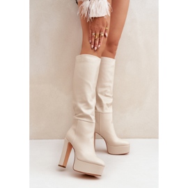 High Heel and Platform Boots Made of Light Beige Eco Leather 2