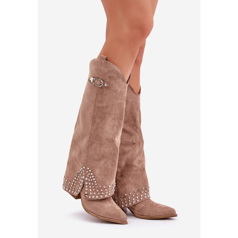 Dark beige boots with a turned-up upper on a high heel 1