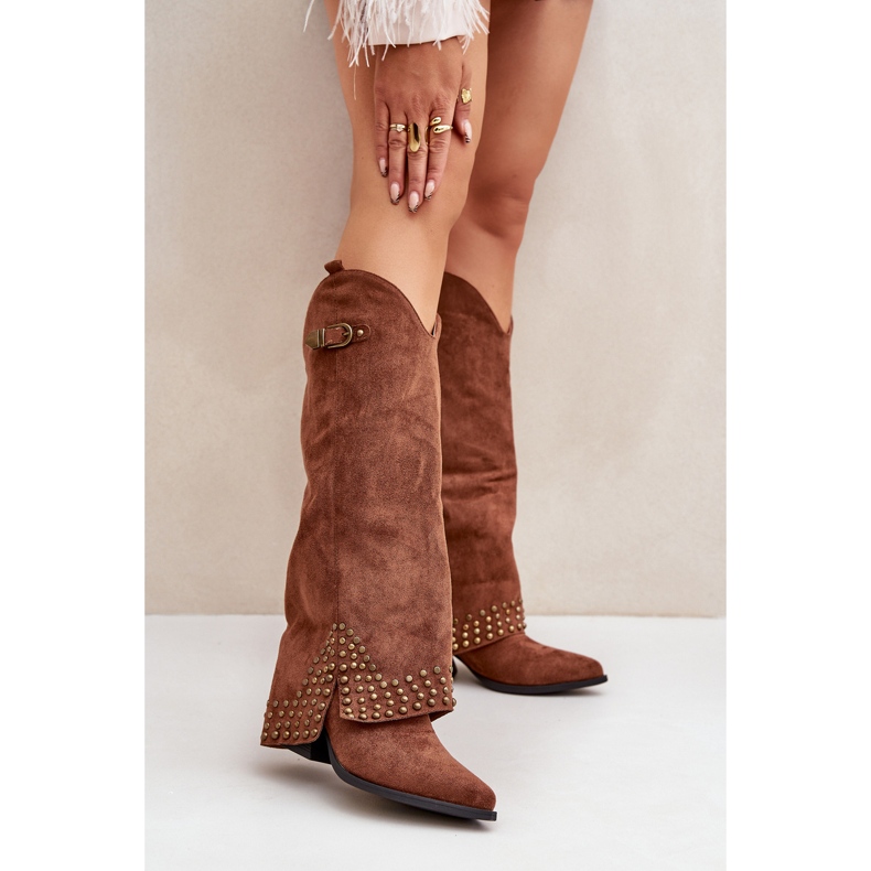 Brown boots with a turned-up upper on a high heel 2