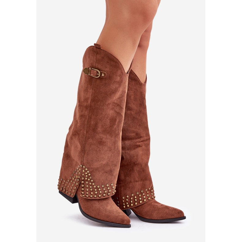 Brown boots with a turned-up upper on a high heel 1