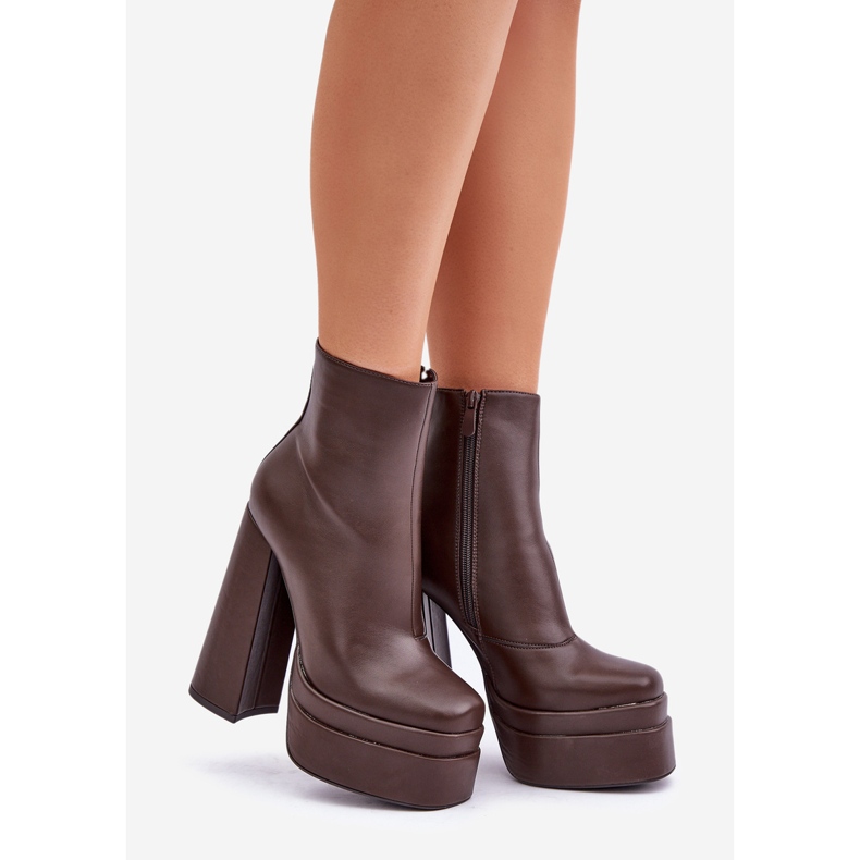 Warm chocolate ankle boots on a massive platform and high heel brown 1