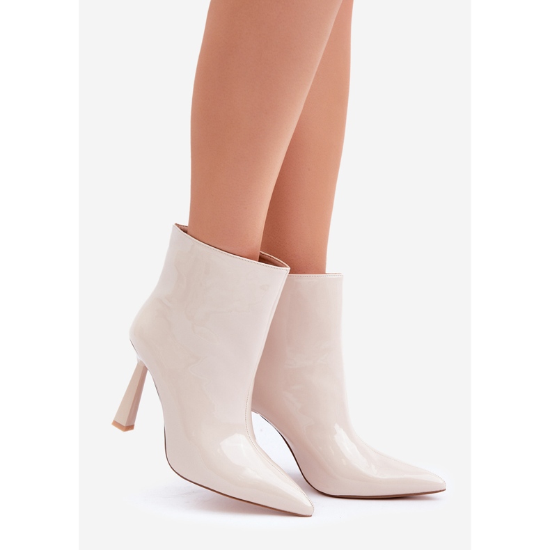 Patent high-heeled slip-on boots, light beige 1