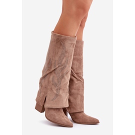 Dark beige decorated boots with a turned-up upper on a high heel 1