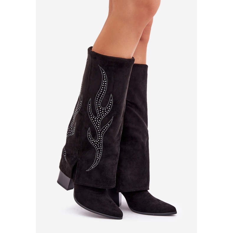 Decorated boots with a turned-up upper on a high heel, black 1