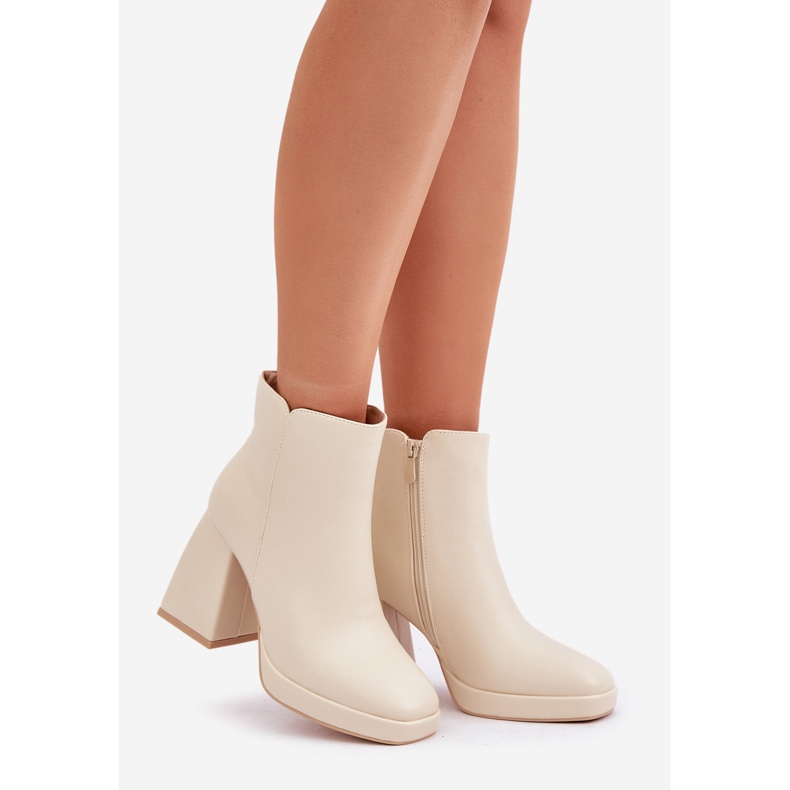 Eco Leather Light Beige High Heel Ankle Boots 1