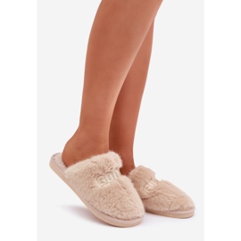 Women's slippers with fur and inscription, beige 1