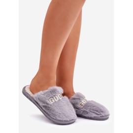 Women's slippers with fur and inscription, gray grey 1