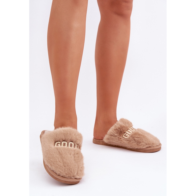 Women's slippers with fur and an inscription beige 2