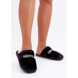 Women's slippers with fur and inscription, black 2