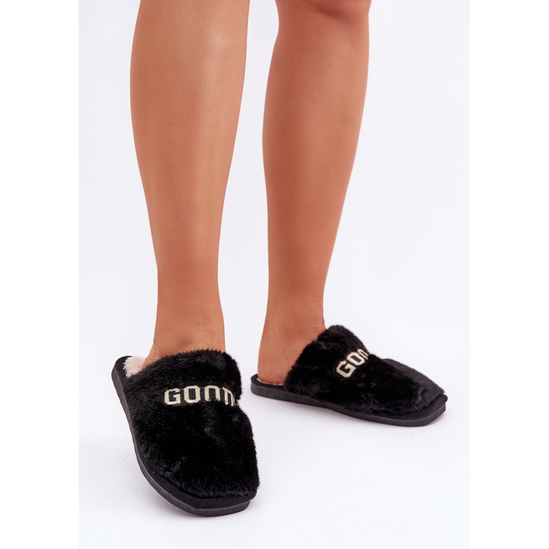 Women's slippers with fur and inscription, black 2 Women's slippers with fur and inscription, black 2