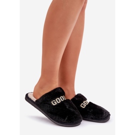Women's slippers with fur and inscription, black 1