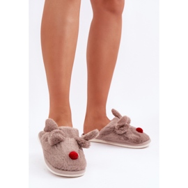Women's Fur Slippers With a Reindeer Pattern, Dark Beige 2 Women's Fur Slippers With a Reindeer Pattern, Dark Beige 2