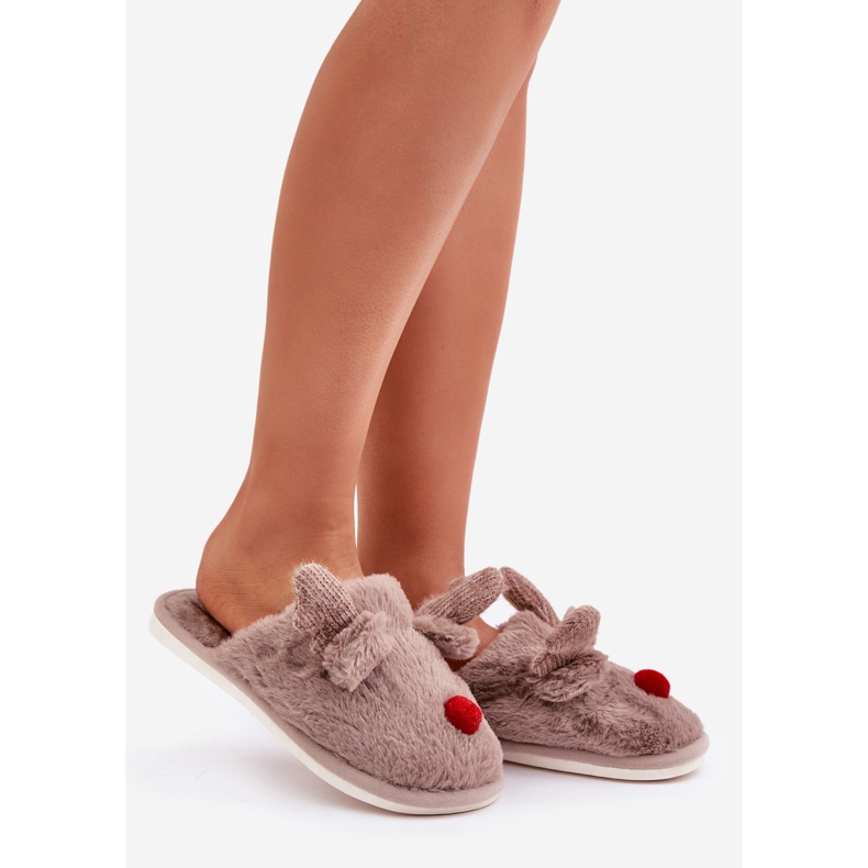 Women's Fur Slippers With a Reindeer Pattern, Dark Beige 1 Women's Fur Slippers With a Reindeer Pattern, Dark Beige 1