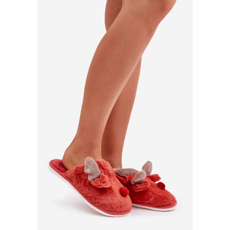 Women's Fur Slippers With a Reindeer Motif, Coral red 1 Women's Fur Slippers With a Reindeer Motif, Coral red 1