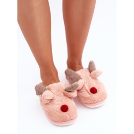 Women's Fur Slippers With a Reindeer Motif, Pink 2