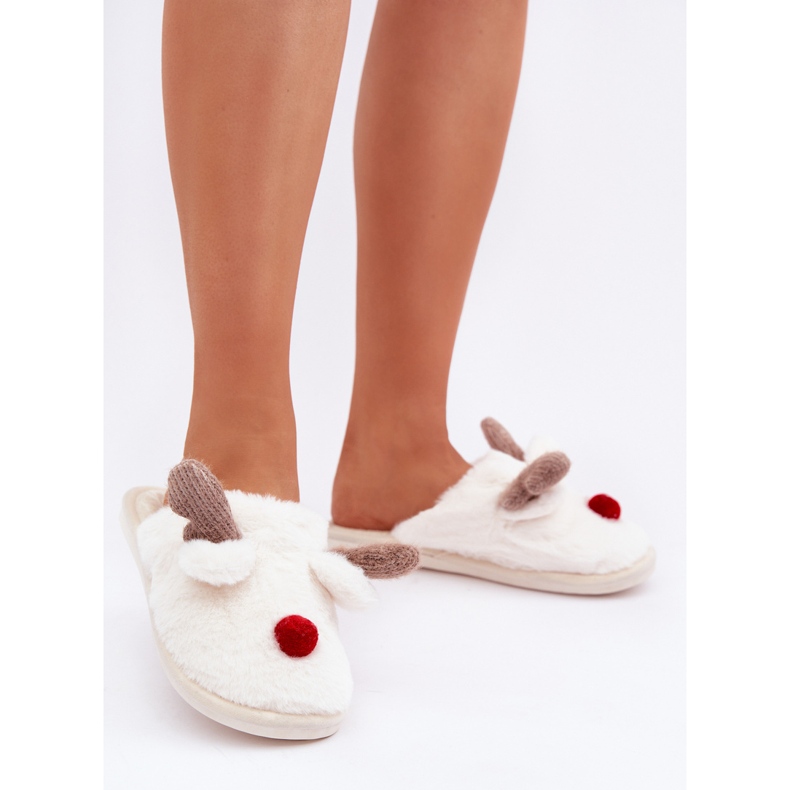Women's Fur Slippers With Reindeer Motif, White 2
