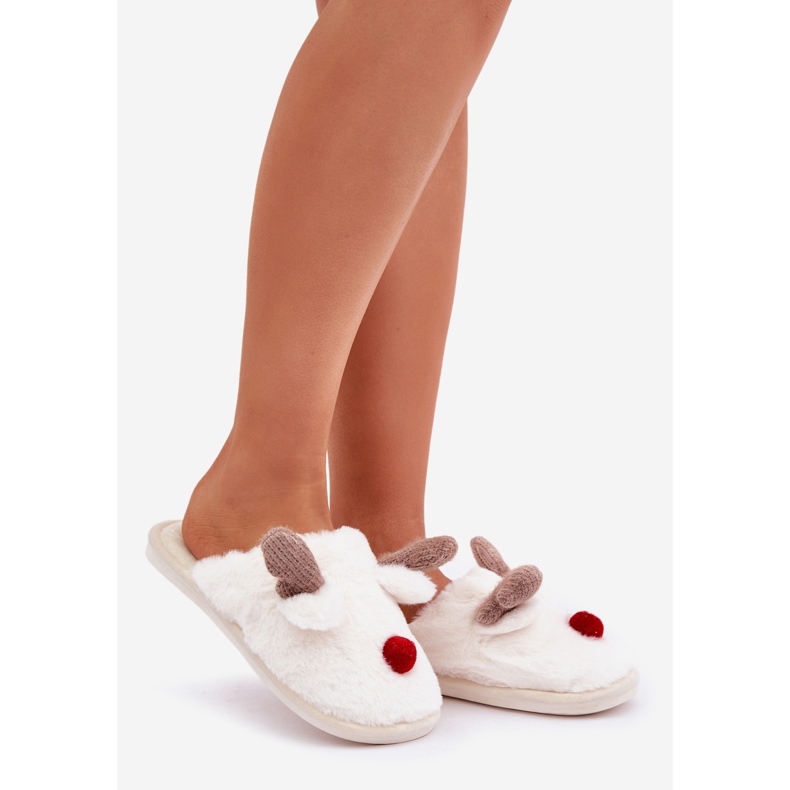 Women's Fur Slippers With Reindeer Motif, White 1