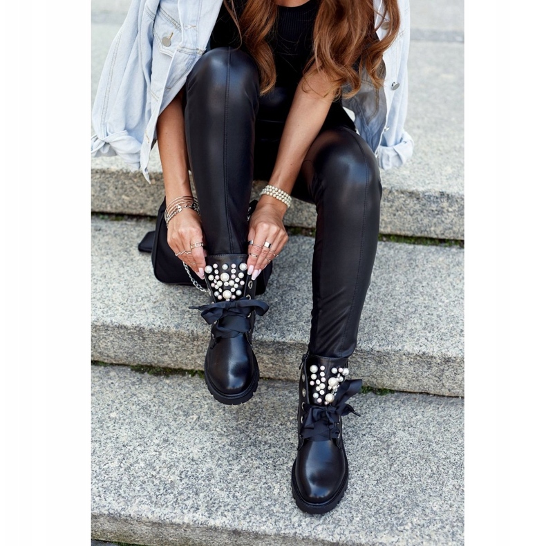 Ideal Women's Warm Boots With Pearls and Ribbon black 3
