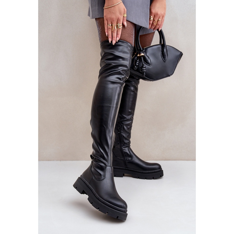 Women's over-the-knee boots on a platform, black 1