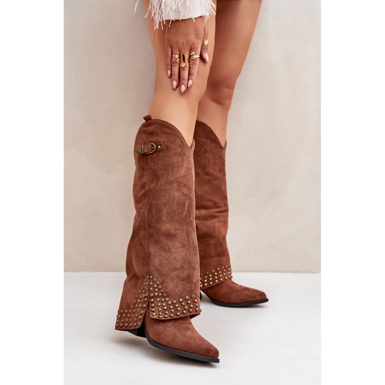 Brown women's boots with a decorative upper 1