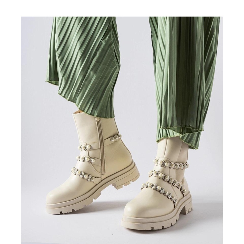 Beige ankle boots decorated with Callicratide pearls - Solea 1 Beige ankle boots decorated with Callicratide pearls - Solea 1