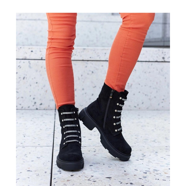 Black insulated eco-suede ankle boots with rhinestones 1