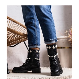 Solea Black women's lace-up ankle boots with pearls 1