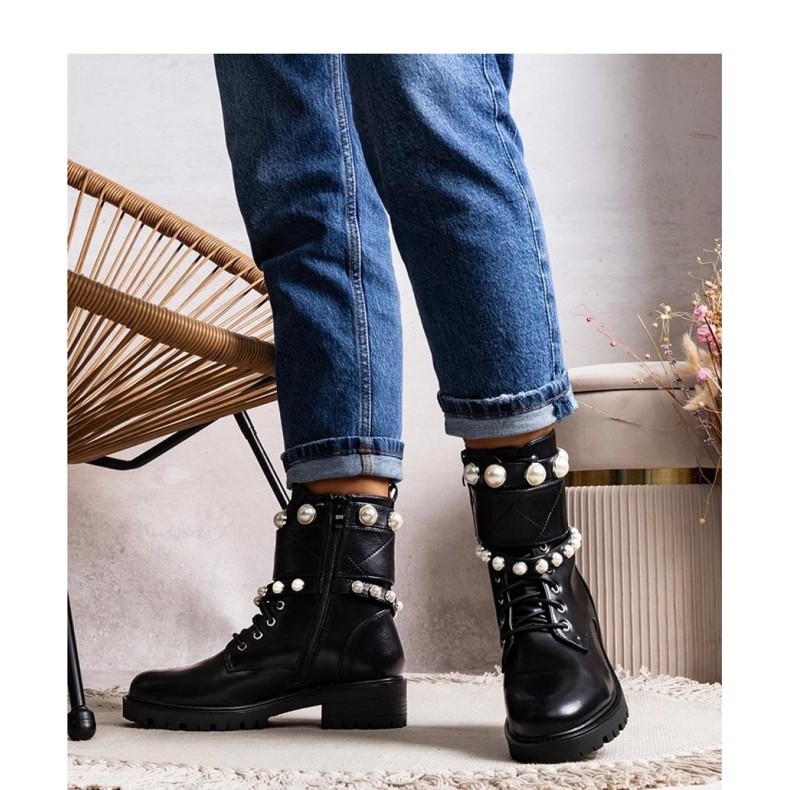 Solea Black women's lace-up ankle boots with pearls 1