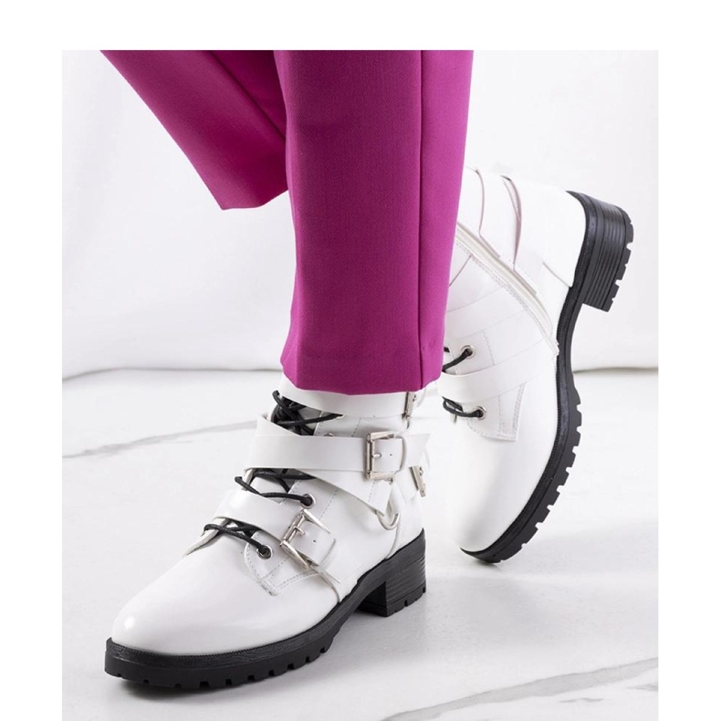 Women's ankle boots with a zipper and buckles, white 1